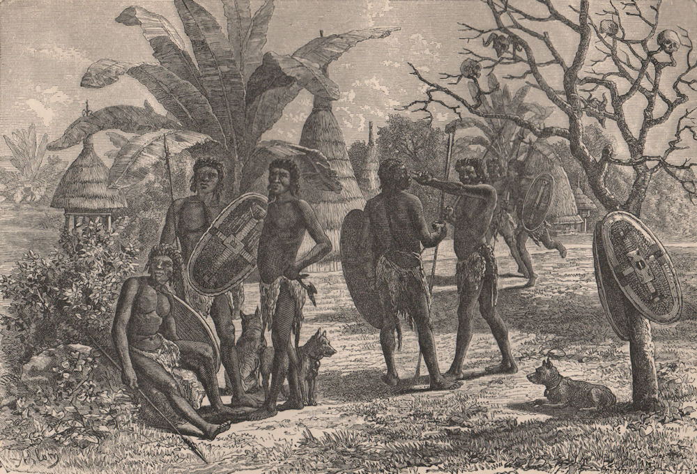Group of Niam-Niams (Azande) & their dwellings. Congo. Congo Basin 1885 print